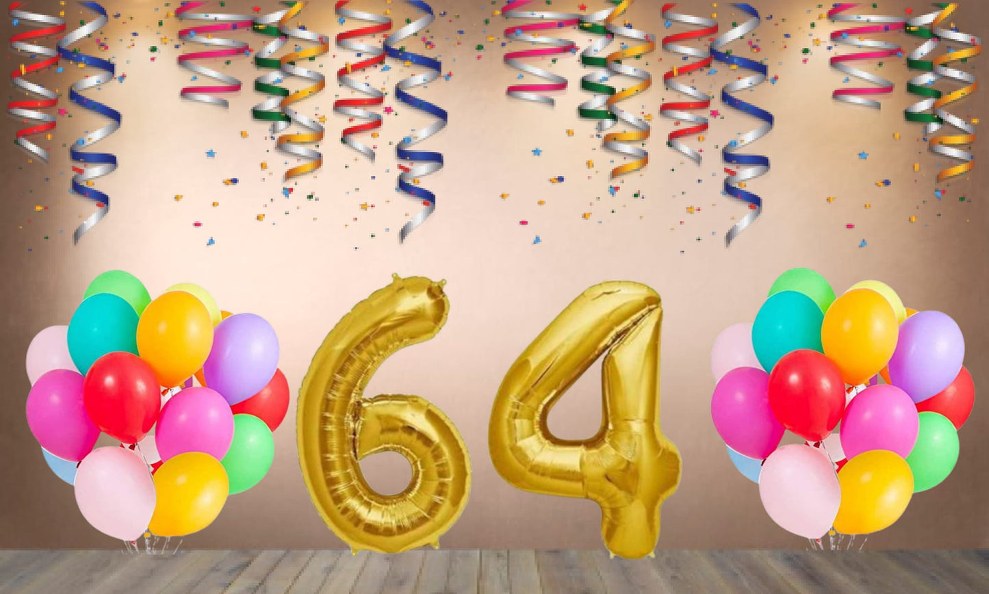 Number 64  Gold Foil Balloon and 25 Nos Multicolor Color Latex Balloon Combo