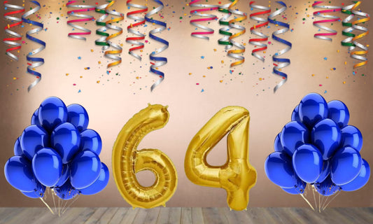 Number 64  Gold Foil Balloon and 25 Nos Blue Color Latex Balloon Combo