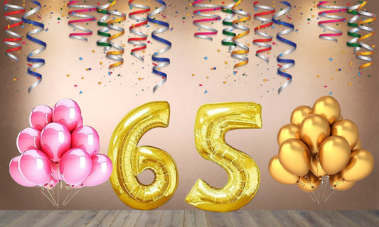 Number 65 Gold Foil Balloon and 25 Nos Pink and Gold Color Latex Balloon Combo