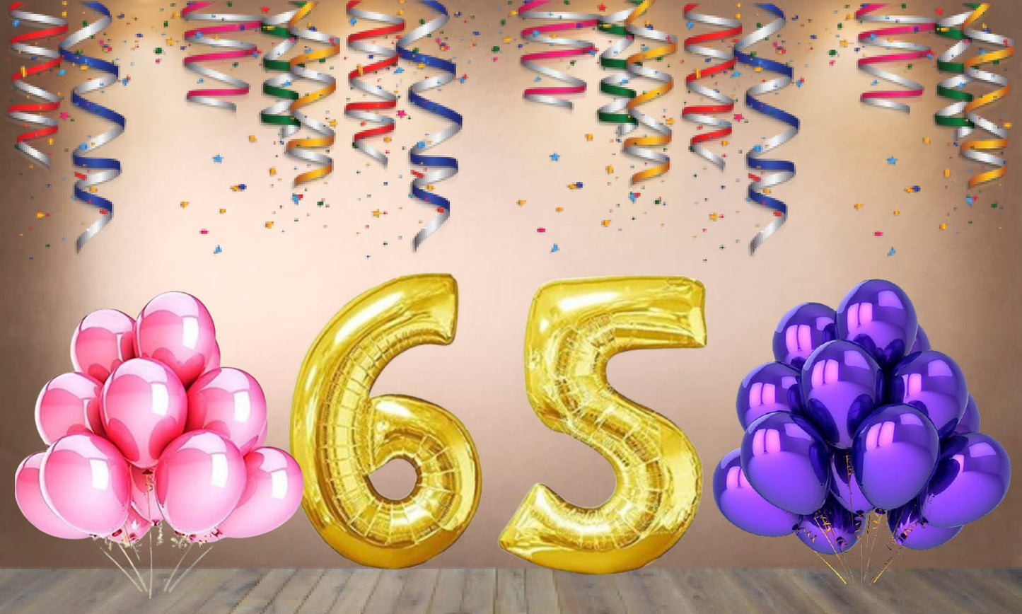 Number 65 Gold Foil Balloon and 25 Nos Pink and Purple Color Latex Balloon Combo