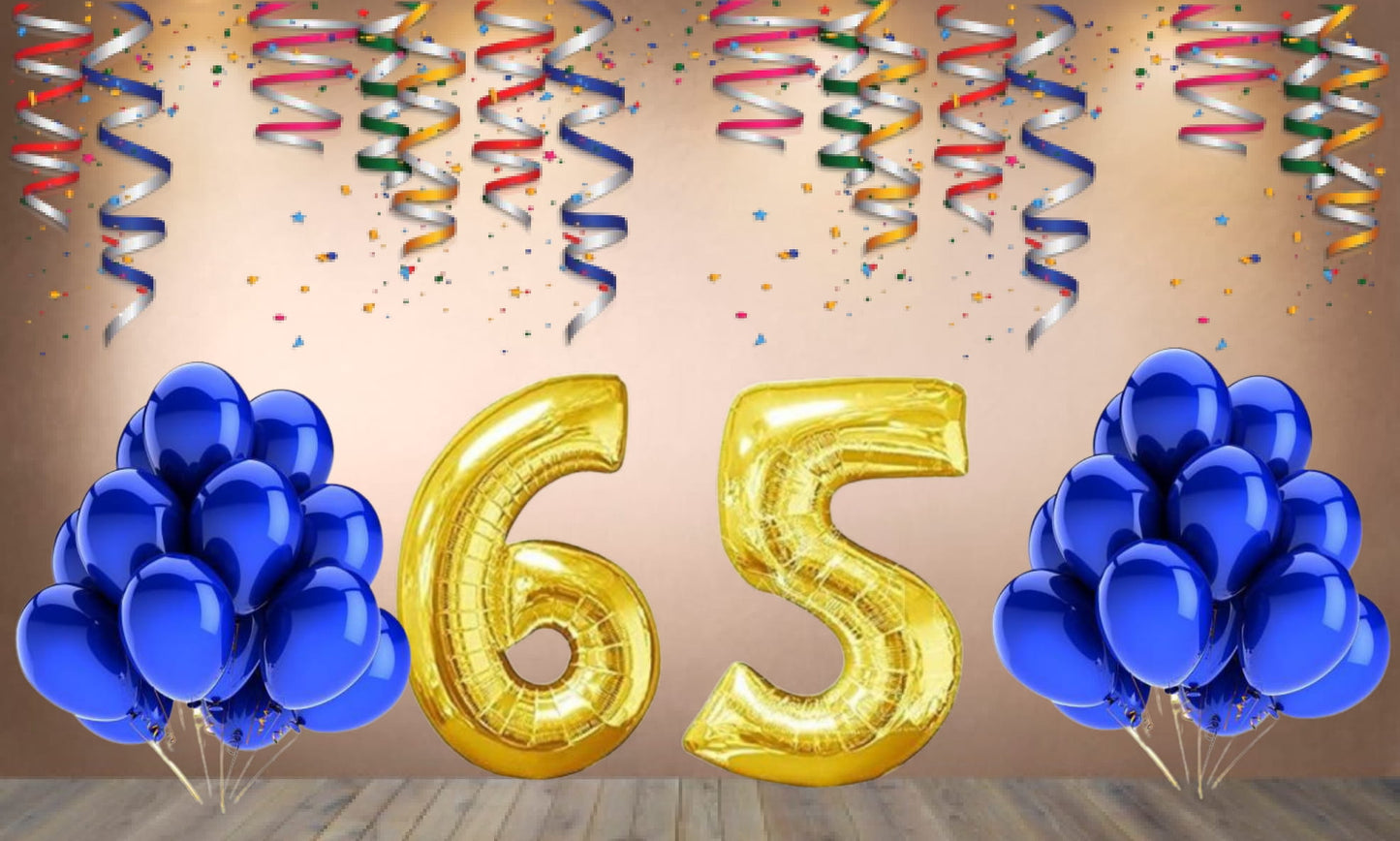 Number 65  Gold Foil Balloon and 25 Nos Blue Color Latex Balloon Combo