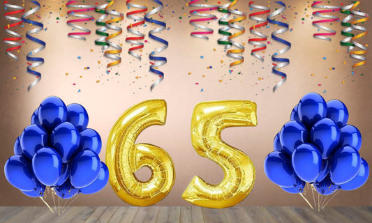 Number 65  Gold Foil Balloon and 25 Nos Blue Color Latex Balloon Combo