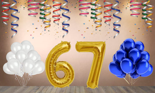 Number  67  Gold Foil Balloon and 25 Nos Blue and White Color Latex Balloon Combo