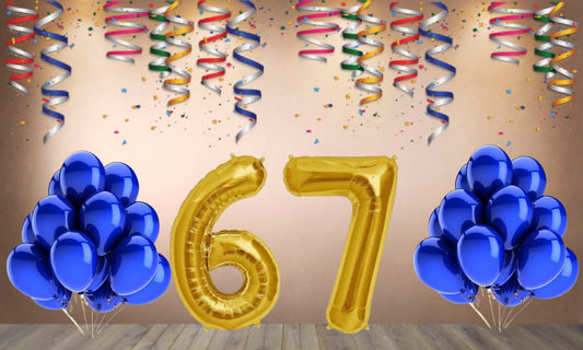 Number  67 Gold Foil Balloon and 25 Nos Blue Color Latex Balloon Combo