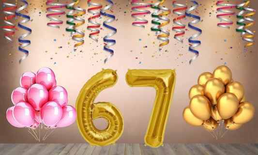 Number 67 Gold Foil Balloon and 25 Nos Pink and Gold Color Latex Balloon Combo