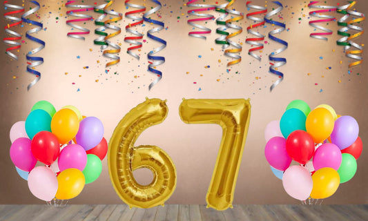 Number  67 Gold Foil Balloon and 25 Nos Multicolor Color Latex Balloon Combo