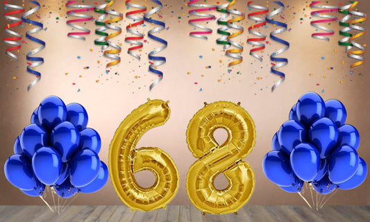 Number 68  Gold Foil Balloon and 25 Nos Blue Color Latex Balloon Combo