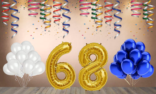 Number  68  Gold Foil Balloon and 25 Nos Blue and White Color Latex Balloon Combo
