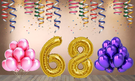 Number 68 Gold Foil Balloon and 25 Nos Pink and Purple Color Latex Balloon Combo
