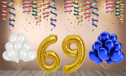 Number  69  Gold Foil Balloon and 25 Nos Blue and White Color Latex Balloon Combo