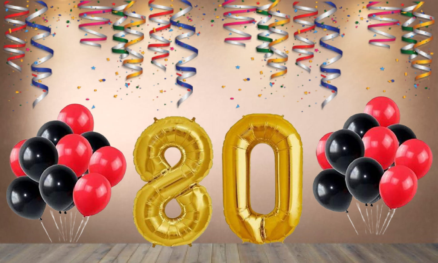 Number 80 Gold Foil Balloon and 25 Nos Black and Red Color Latex Balloon Combo