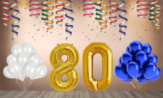 Number  80  Gold Foil Balloon and 25 Nos Blue and White Color Latex Balloon Combo