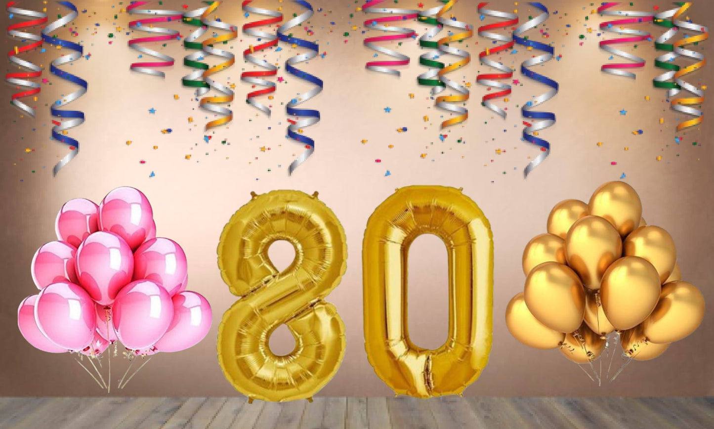 Number 80 Gold Foil Balloon and 25 Nos Pink and Gold Color Latex Balloon Combo