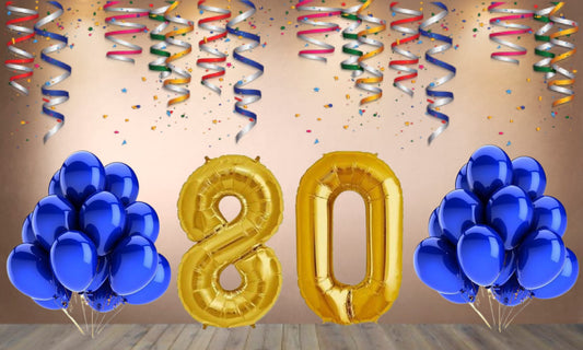 Number 80  Gold Foil Balloon and 25 Nos Blue Color Latex Balloon Combo