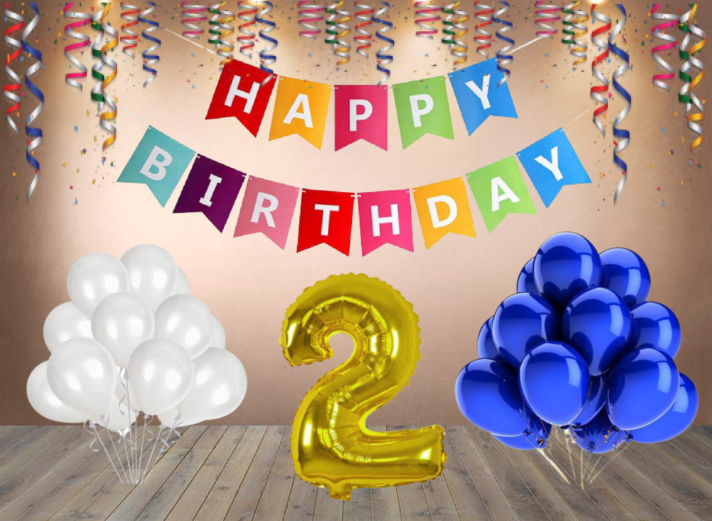 Number  2 Gold Foil Balloon and 25 Nos Blue and White Color Latex Balloon and Happy Birthday Banner Combo