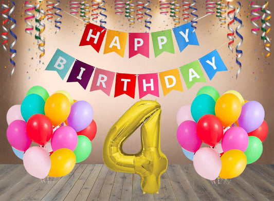 Number 4  Gold Foil Balloon and 25 Nos Multicolor Color Latex Balloon and Happy Birthday Banner Combo
