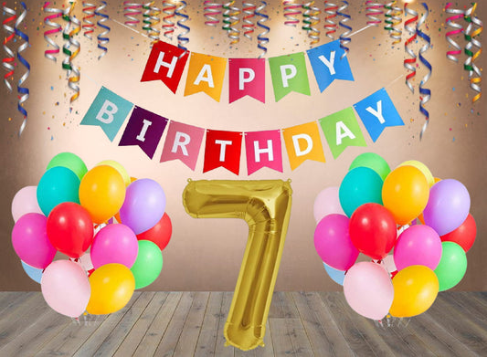 Number 7  Gold Foil Balloon and 25 Nos Multicolor Color Latex Balloon and Happy Birthday Banner Combo
