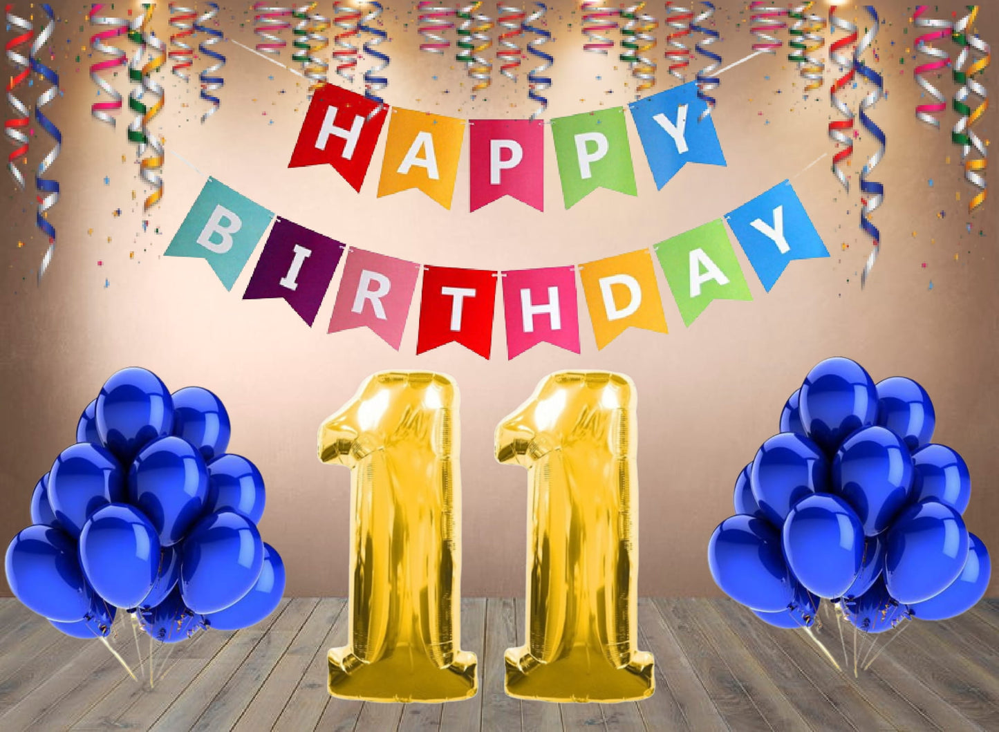 Number 11  Gold Foil Balloon and 25 Nos Blue Color Latex Balloon and Happy Birthday Banner Combo