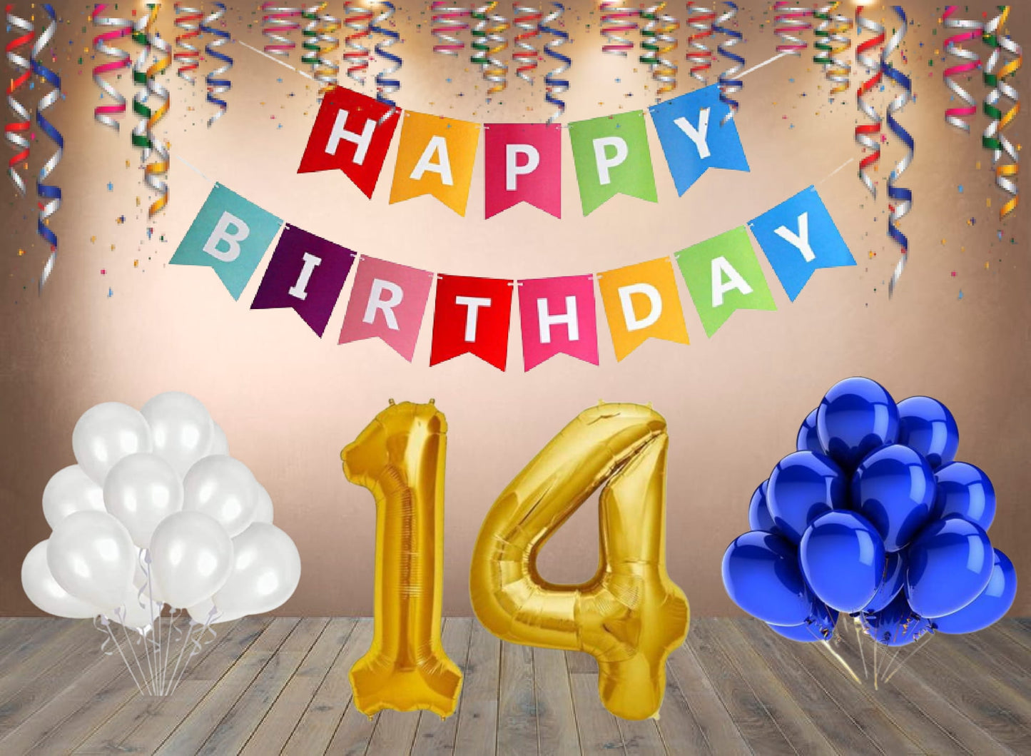 Number 14  Gold Foil Balloon and 25 Nos Blue and White Color Latex Balloon and Happy Birthday Banner Combo