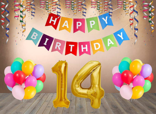 Number  14 Gold Foil Balloon and 25 Nos Multicolor Color Latex Balloon and Happy Birthday Banner Combo