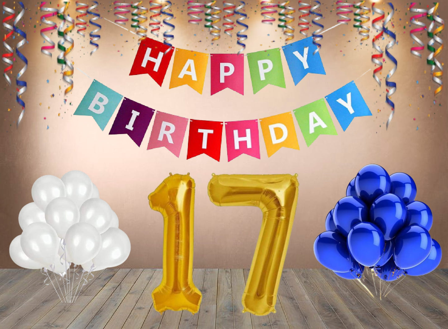 Number 17  Gold Foil Balloon and 25 Nos Blue and White Color Latex Balloon and Happy Birthday Banner Combo