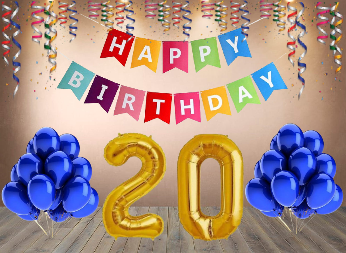 Number 20  Gold Foil Balloon and 25 Nos Blue Color Latex Balloon and Happy Birthday Banner Combo