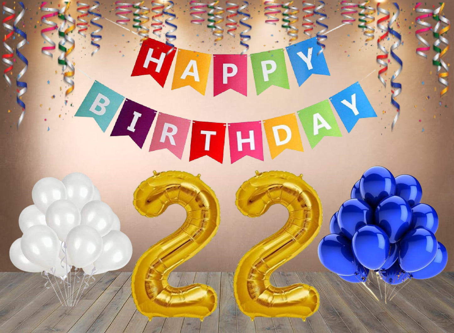 Number  22 Gold Foil Balloon and 25 Nos Blue and White Color Latex Balloon and Happy Birthday Banner Combo
