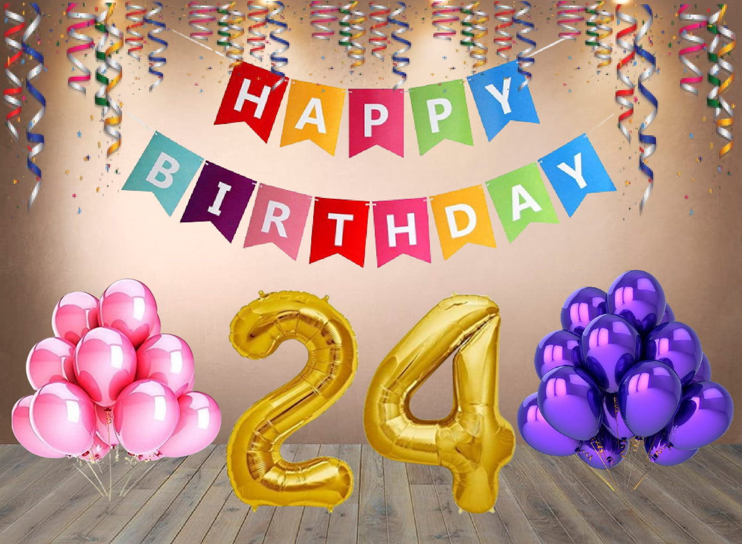 Number  24 Gold Foil Balloon and 25 Nos Pink and Purple Color Latex Balloon and Happy Birthday Banner Combo