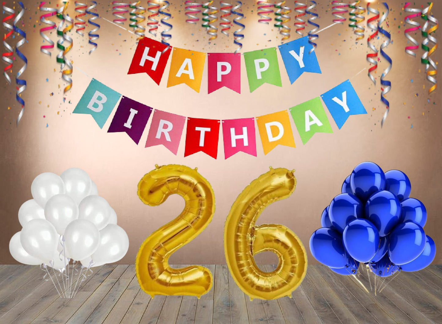 Number  26 Gold Foil Balloon and 25 Nos Blue and White Color Latex Balloon and Happy Birthday Banner Combo