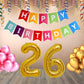 Number 26 Gold Foil Balloon and 25 Nos Pink and Gold Color Latex Balloon and Happy Birthday Banner Combo