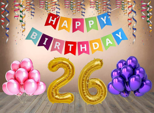 Number  26 Gold Foil Balloon and 25 Nos Pink and Purple Color Latex Balloon and Happy Birthday Banner Combo