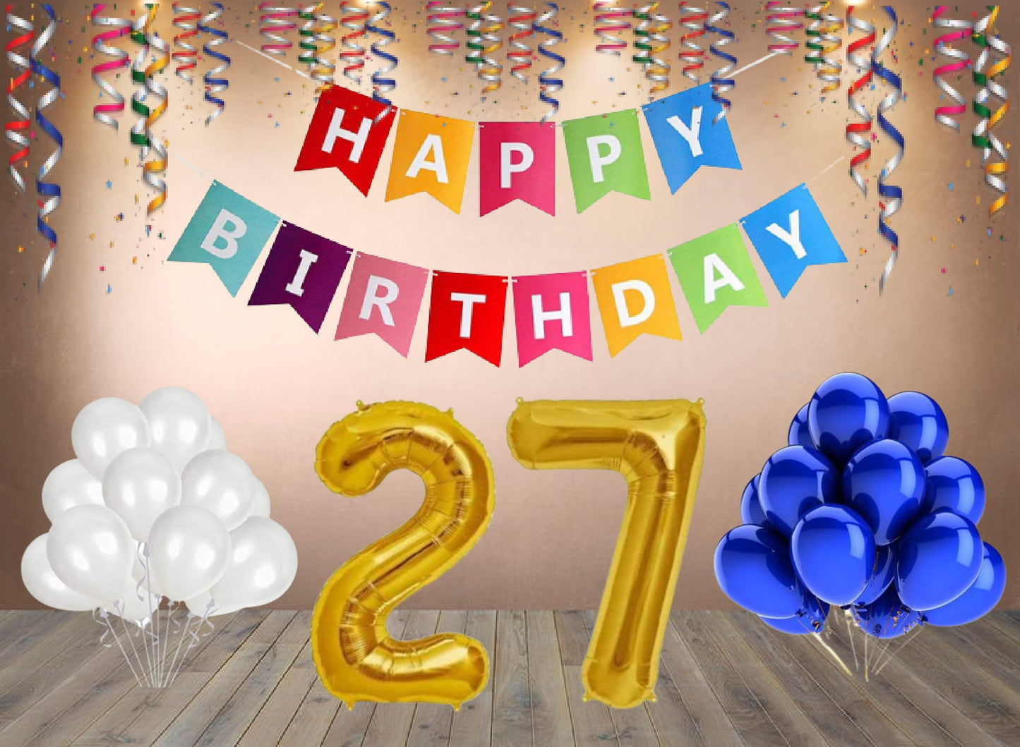 Number 27  Gold Foil Balloon and 25 Nos Blue and White Color Latex Balloon and Happy Birthday Banner Combo