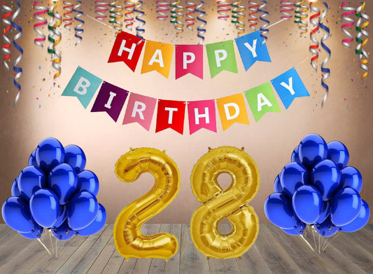Number 28  Gold Foil Balloon and 25 Nos Blue Color Latex Balloon and Happy Birthday Banner Combo