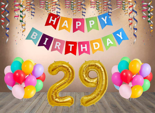 Number  29  Gold Foil Balloon and 25 Nos Multicolor Color Latex Balloon and Happy Birthday Banner Combo