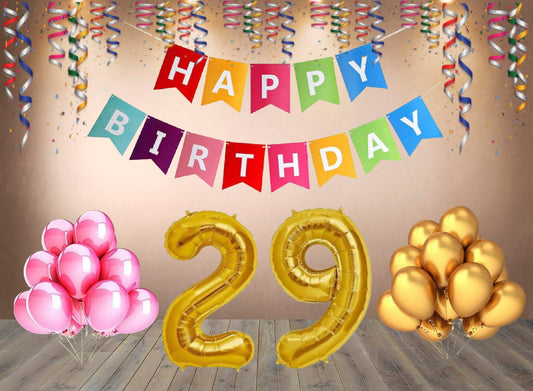 Number 29 Gold Foil Balloon and 25 Nos Pink and Gold Color Latex Balloon and Happy Birthday Banner Combo
