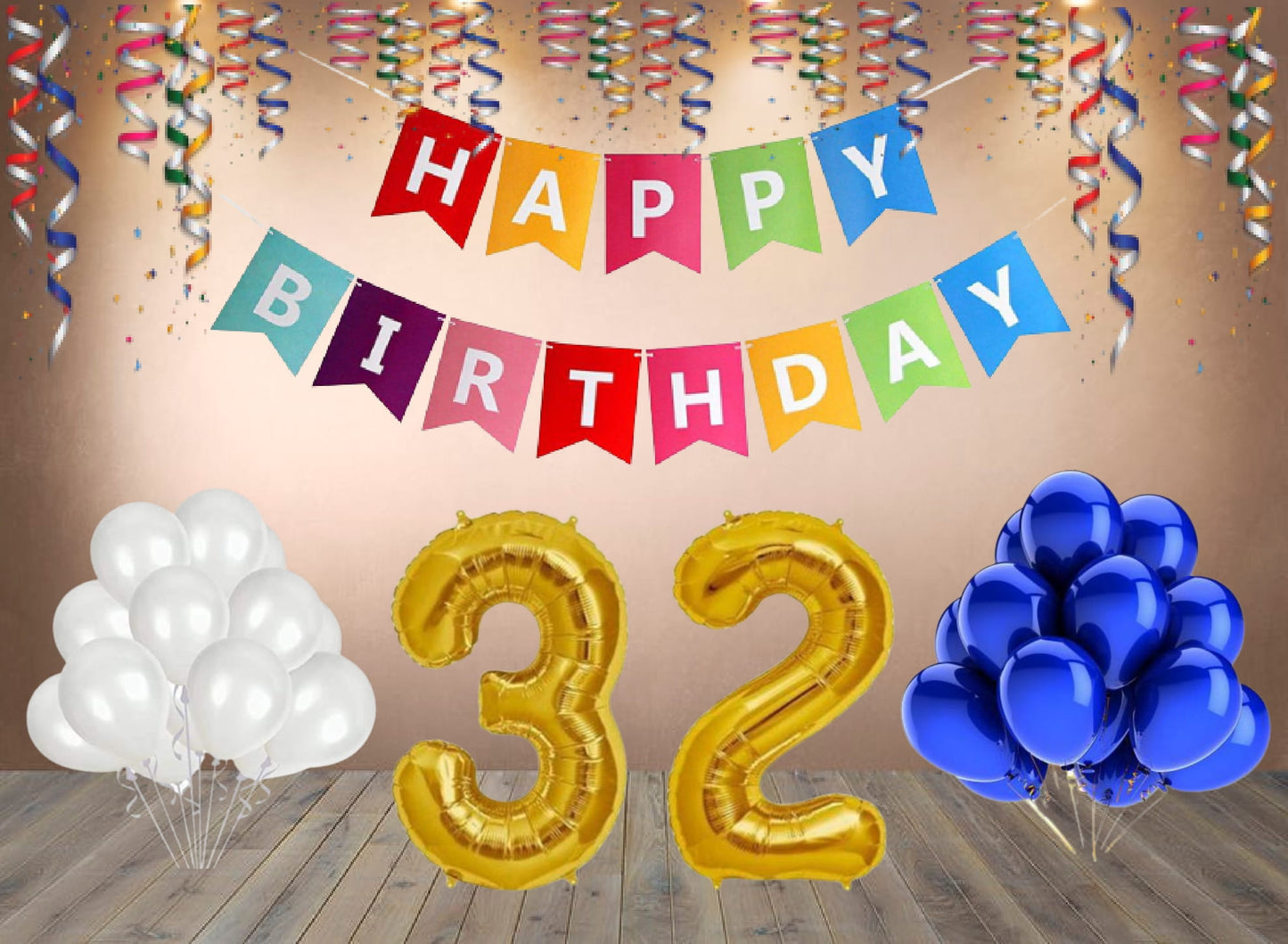 Number 32  Gold Foil Balloon and 25 Nos Blue and White Color Latex Balloon and Happy Birthday Banner Combo