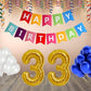 Number 33  Gold Foil Balloon and 25 Nos Blue and White Color Latex Balloon and Happy Birthday Banner Combo