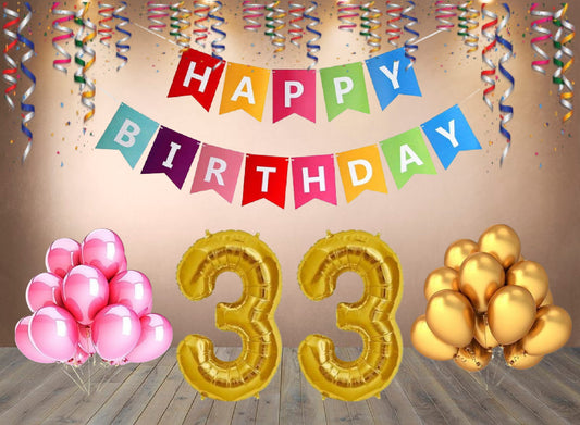 Number 33 Gold Foil Balloon and 25 Nos Pink and Gold Color Latex Balloon and Happy Birthday Banner Combo