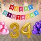 Number 34  Gold Foil Balloon and 25 Nos Pink and Purple Color Latex Balloon and Happy Birthday Banner Combo