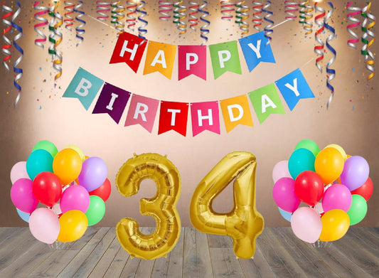 Number  34  Gold Foil Balloon and 25 Nos Multicolor Color Latex Balloon and Happy Birthday Banner Combo