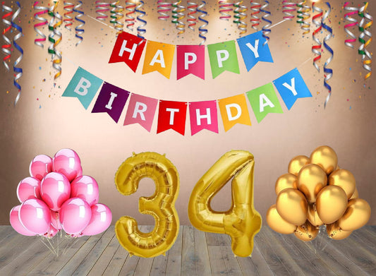 Number 34 Gold Foil Balloon and 25 Nos Pink and Gold Color Latex Balloon and Happy Birthday Banner Combo