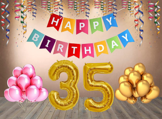 Number 35 Gold Foil Balloon and 25 Nos Pink and Gold Color Latex Balloon and Happy Birthday Banner Combo