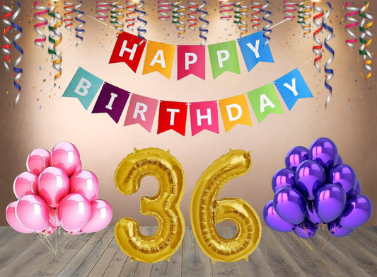 Number 36  Gold Foil Balloon and 25 Nos Pink and Purple Color Latex Balloon and Happy Birthday Banner Combo