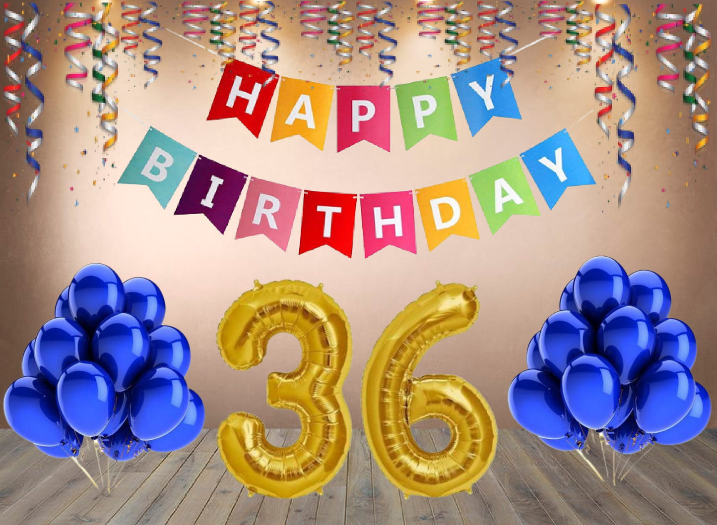 Number  36 Gold Foil Balloon and 25 Nos Blue Color Latex Balloon and Happy Birthday Banner Combo