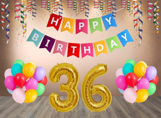 Number  36  Gold Foil Balloon and 25 Nos Multicolor Color Latex Balloon and Happy Birthday Banner Combo
