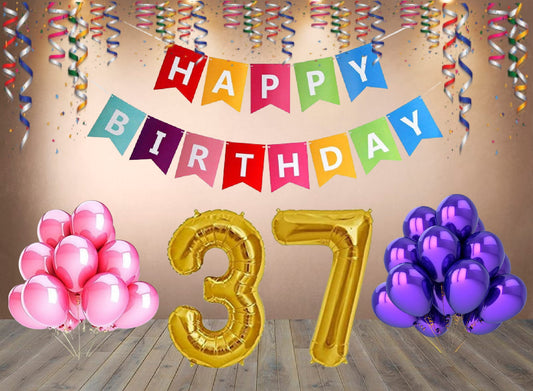 Number 37  Gold Foil Balloon and 25 Nos Pink and Purple Color Latex Balloon and Happy Birthday Banner Combo
