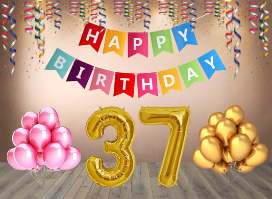 Number 37 Gold Foil Balloon and 25 Nos Pink and Gold Color Latex Balloon and Happy Birthday Banner Combo
