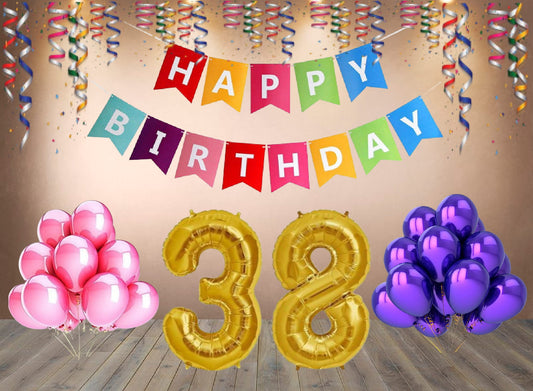 Number 38  Gold Foil Balloon and 25 Nos Pink and Purple Color Latex Balloon and Happy Birthday Banner Combo