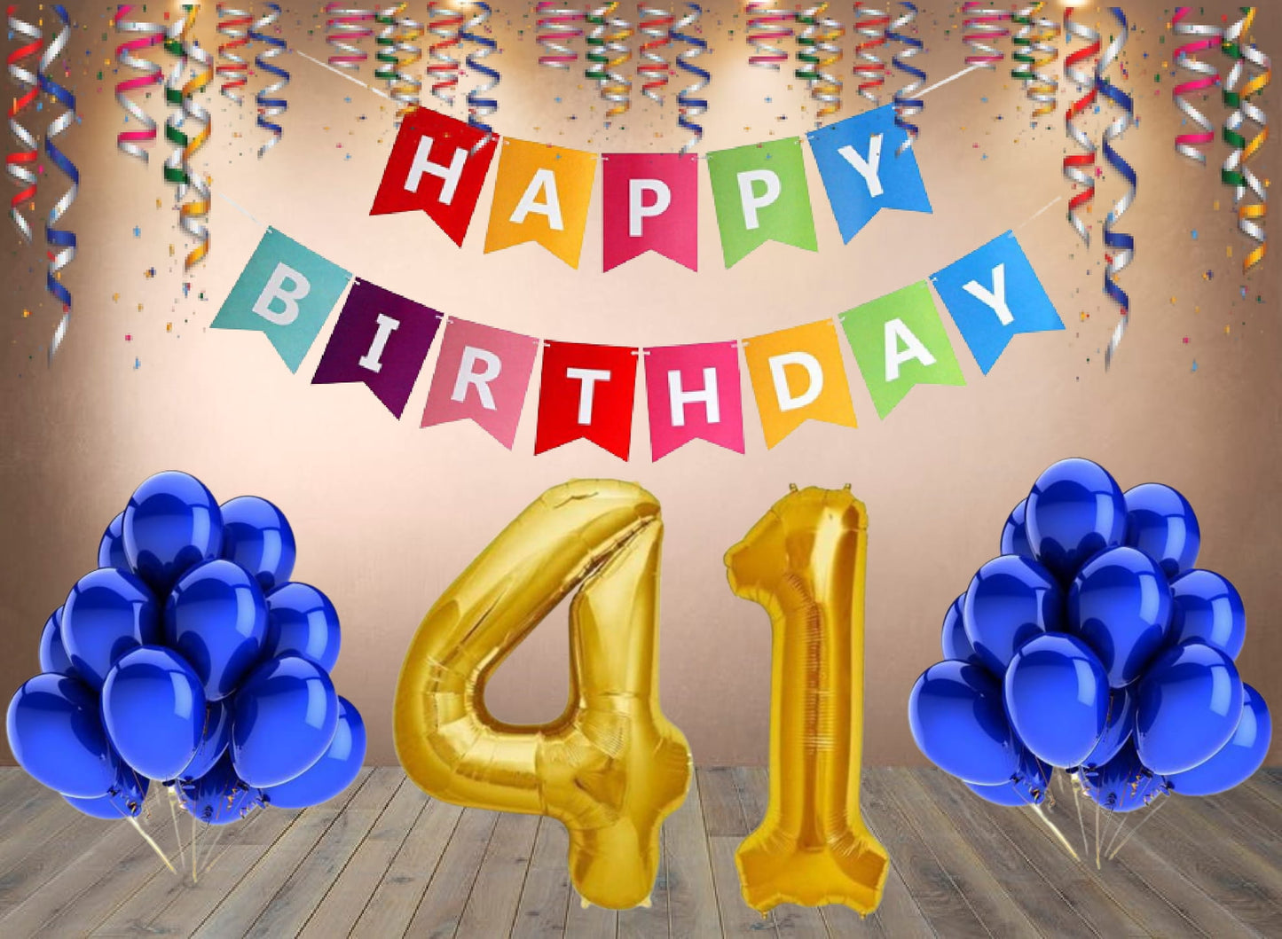 Number  41 Gold Foil Balloon and 25 Nos Blue Color Latex Balloon and Happy Birthday Banner Combo