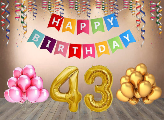 Number 43 Gold Foil Balloon and 25 Nos Pink and Gold Color Latex Balloon and Happy Birthday Banner Combo